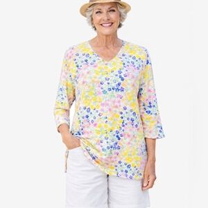 Lulu-B Colorful Floral Print Tunic Top Women’s Medium 3/4 Sleeve V-Neck Cotton
